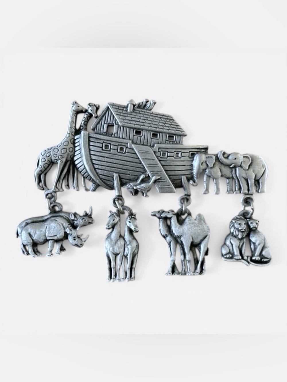 Vintage JJ Jonette Noahs Ark Pin Pewter Charm Brooch Christian Biblical Jewelry
